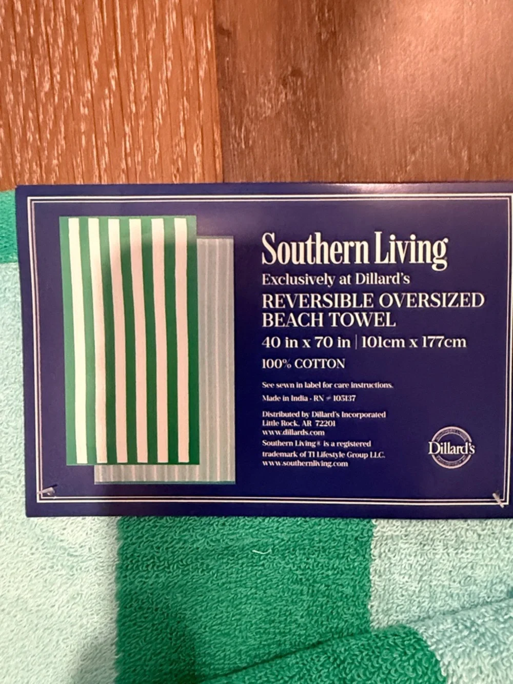Southern Living Aqua and White Striped Reversible Oversized Beach Towel 40x70